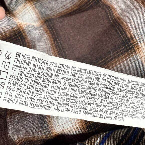 Forever 21 Mixed Plaid Button Up Crop Shirt Sz L Retro Flannel Black and Browns - Picture 9 of 9